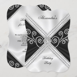 Elegant Black White Silk Jewel Birthday Party Kaart