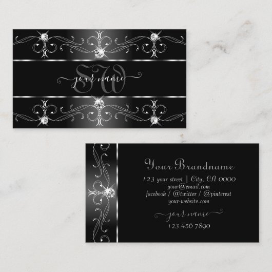 Elegant Black White Silver  Borders Monogram Visitekaartje (Voorkant / Achterkant)