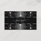 Elegant Black White Silver  Borders Monogram Visitekaartje (Voorkant)