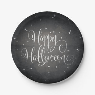Elegant Black + White Stars Happy Halloween Party Papieren Bordje