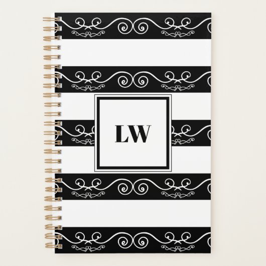 Elegant Black White striped Monogram Planner (Voorkant)