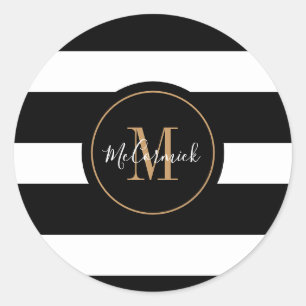 Elegant Black White Stripes Gold Monogram Naam Ronde Sticker