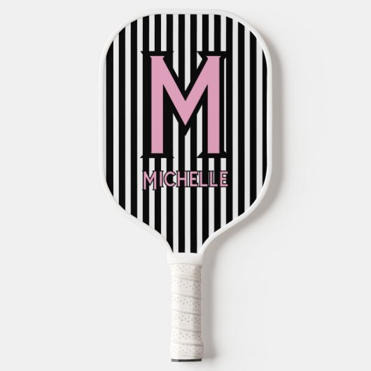 Elegant Black& White Stripes Pink Script Monogram Pickleball Paddle (Voorkant)