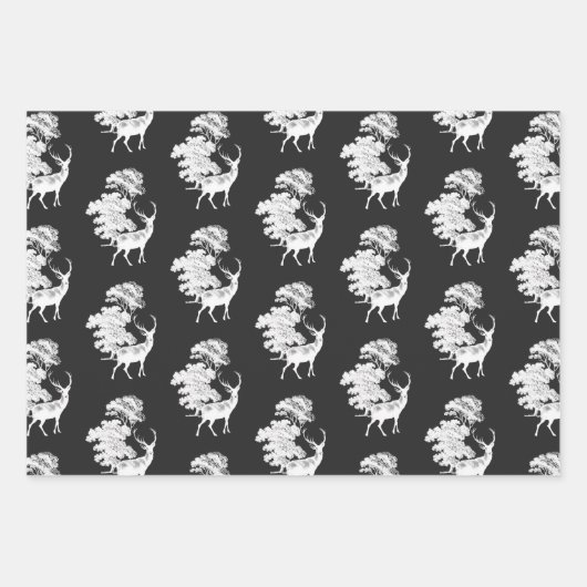 Elegant Black White Toile Deer in Woodland Inpakpapier Vel (Voorkant 2)