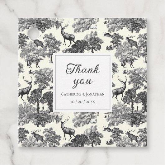 Elegant  Black White Toile Deer Pattern Bedankjes Labels (Voorkant)
