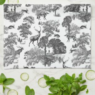 Elegant  Black White Toile Deer Pattern Theedoek