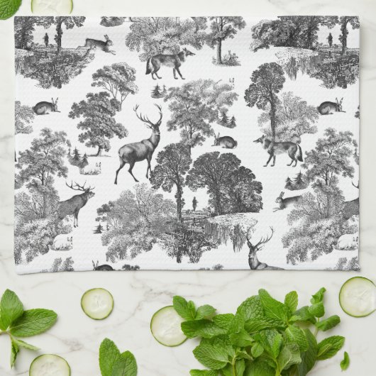 Elegant Black White Toile Deer Pattern Theedoek (Gevouwen)