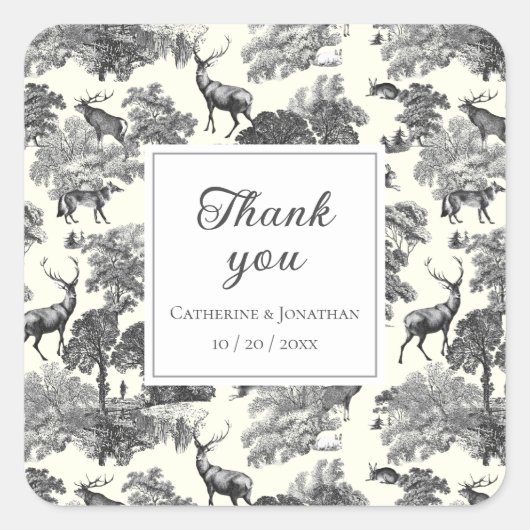 Elegant  Black White Toile Deer Pattern Vierkante Sticker (Voorkant)