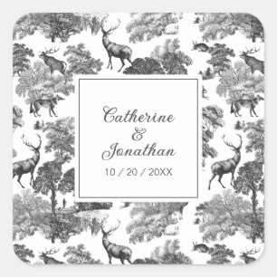 Elegant  Black White Toile Deer Pattern Vierkante Sticker