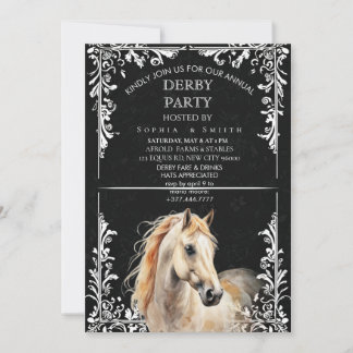 Elegant Black & White Watercolor Horse Derby Invit Feestdagenkaart