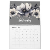 Elegant Black White Waterverf Floral Kalender (Feb 2026)