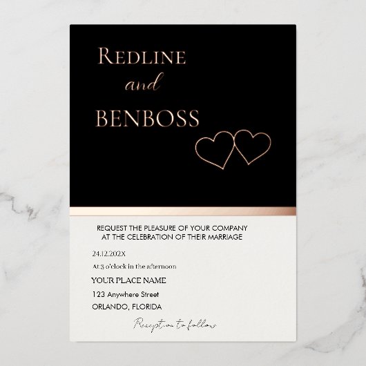 Elegant Black & white Wedding Invitation Rose Gold (Recto)