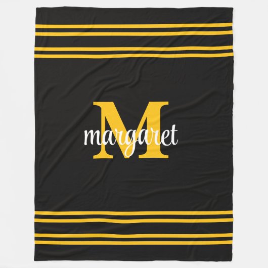 Elegant black &yellow white monogram name fleece deken (Voorkant)