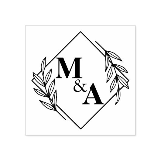 Elegant blad krans monogrammen groen bruiloft 	rubberstempel (Afrduk)