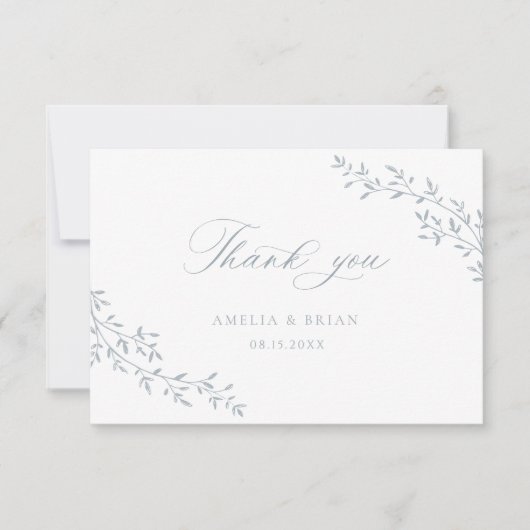 Elegant blad tak botanisch blauw script bruiloft bedankkaart (Voorkant)