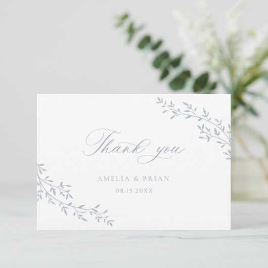 Elegant blad tak botanisch blauw script bruiloft bedankkaart (Staand voorkant)