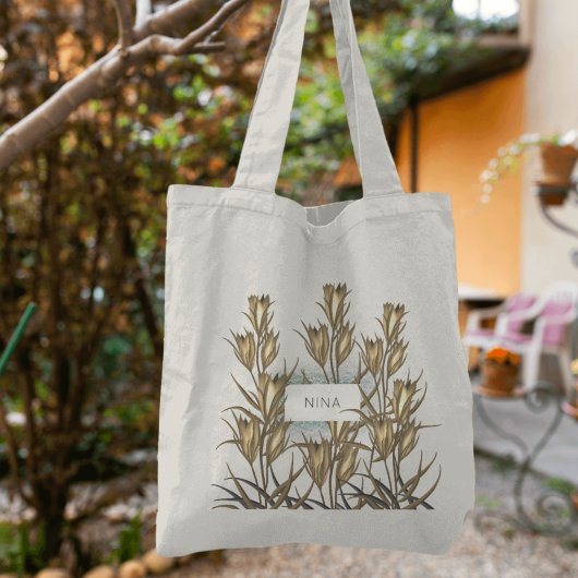 Elegant bladbos bloemen beige en goud tote bag