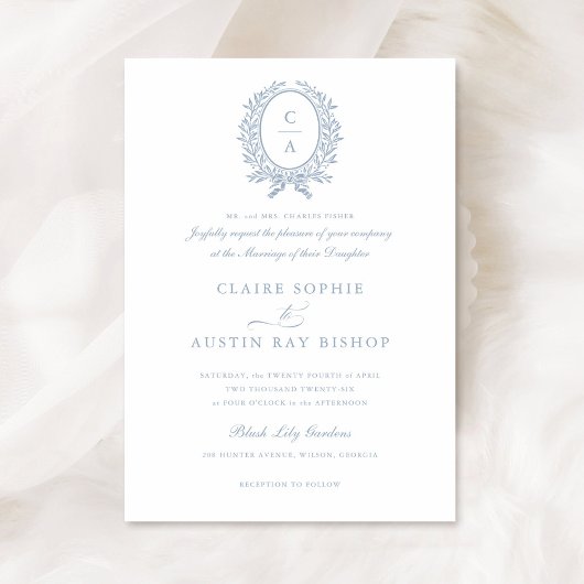 Elegant Bladkrans Monogram Crest Bruiloft Kaart