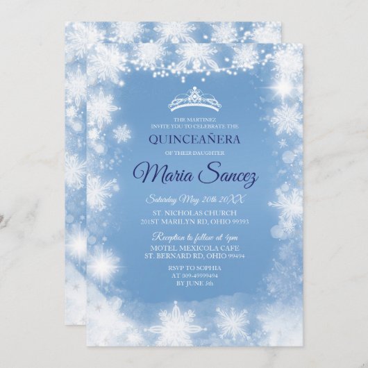 Elégant blanc & bleu Noël Mis Quince Invitation (Devant / Derrière)