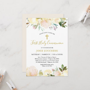 Élégant blanc floral Baptême Communion Invitation