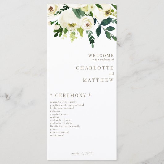 Élégant Blanc Floral Or Texte de mariage Programme (Devant)