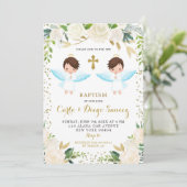 Elégant Blanc Floral Twin Boy Baptism Invitation (Debout devant)