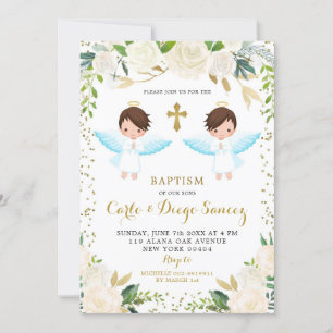 Elégant Blanc Floral Twin Boy Baptism Invitation