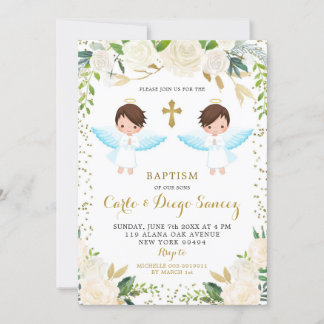 Elégant Blanc Floral Twin Boy Baptism Invitation