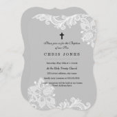 Elégant Blanc Gris Lace Baptême Invitation (Devant / Derrière)