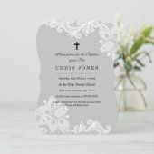 Elégant Blanc Gris Lace Baptême Invitation (Debout devant)