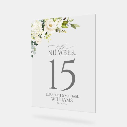 Elégant blanc gris vert floral Numéro de table (Angle)