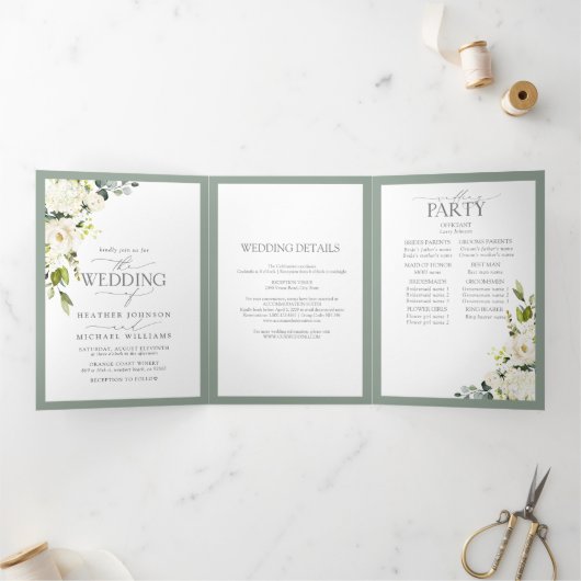 Elégant blanc gris vert Repas Mariage Tri-Fold (Intérieur)
