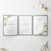 Elégant blanc gris vert Repas Mariage Tri-Fold (Intérieur)