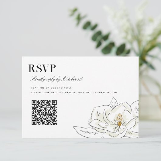 Elégant blanc Magnolia Mariage QR Code RSVP (Debout devant)