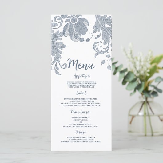Elégant blanc mauve bleu dentelle fleurie Menu Mar (Debout devant)