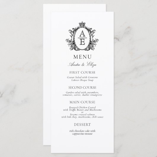 Élégant blanc noir Crest Monogram menu Mariage (Devant / Derrière)