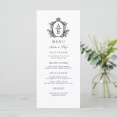 Élégant blanc noir Crest Monogram menu Mariage (Debout devant)
