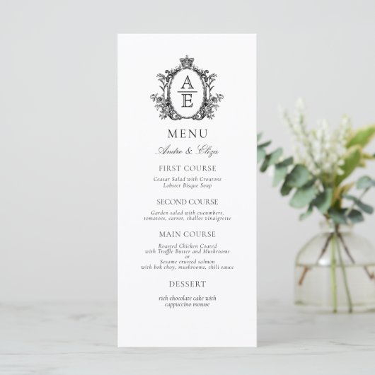 Élégant blanc noir Crest Monogram menu Mariage (Debout devant)