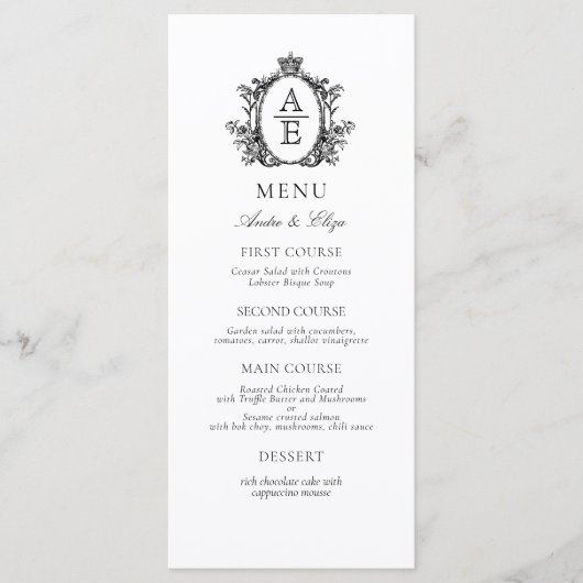 Élégant blanc noir Crest Monogram menu Mariage (Devant)
