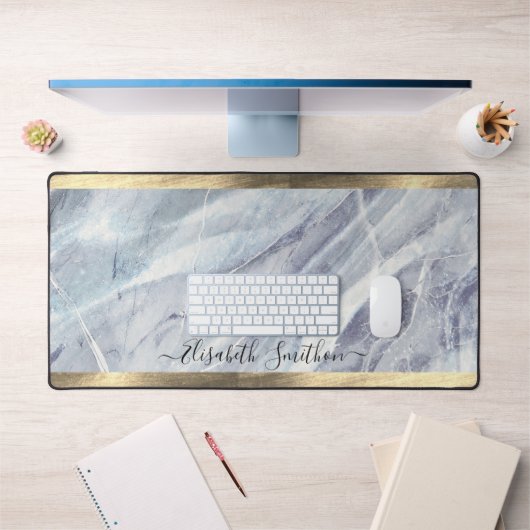 Elégant Blanc Or Dusty Blue Ajouter Votre Nom Marb (Bureau 1)