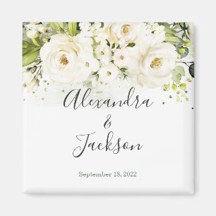 Élégant blanc Rose & or Cursive Mariage Magnet