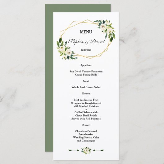 Elégant blanc vert Floral Gold Frame Mariage Menu (Devant / Derrière)