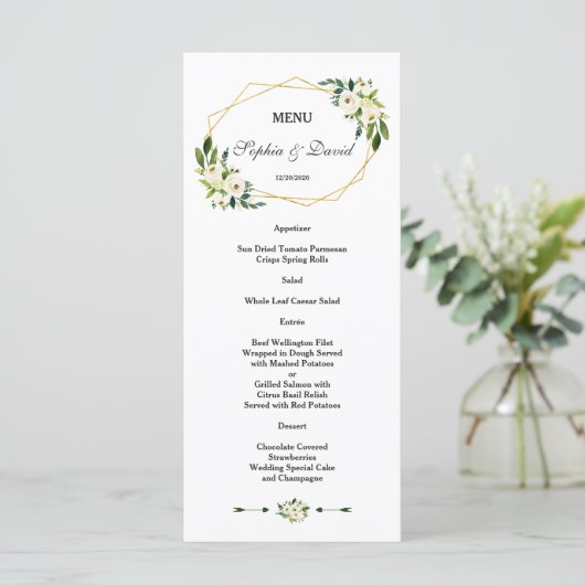 Elégant blanc vert Floral Gold Frame Mariage Menu (Debout devant)