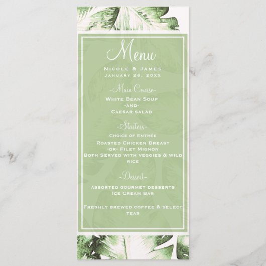 Elégant Blanc Vert Tropical Feuille Menu Mariage (Devant)