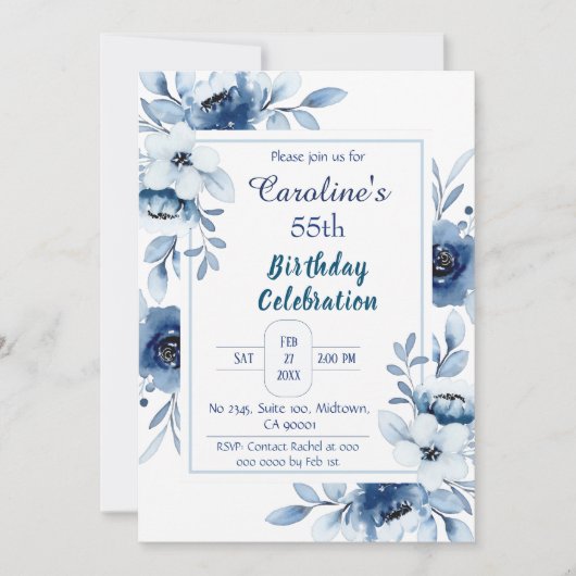 Elegant blauw 55e verjaardag bloementinten van bla kaart (Voorkant)