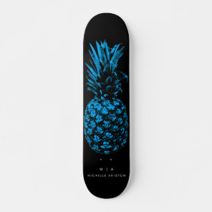 Elegant Blauw Ananas Monogram Minimalistisch Aange Skateboard