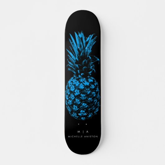 Elegant Blauw Ananas Monogram Minimalistisch Aange Skateboard (Voorkant)