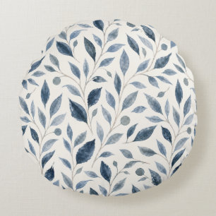 Elegant Blauw Aquarel Bladeren Patroon Rond Kussen