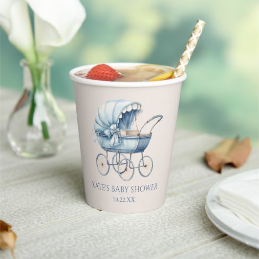 Elegant Blauw Baby Carriage Baby shower Papieren Bekers (Insitu)