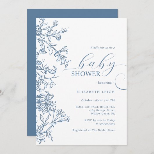 Elegant  blauw Baby shower Kaart (Voorkant / Achterkant)